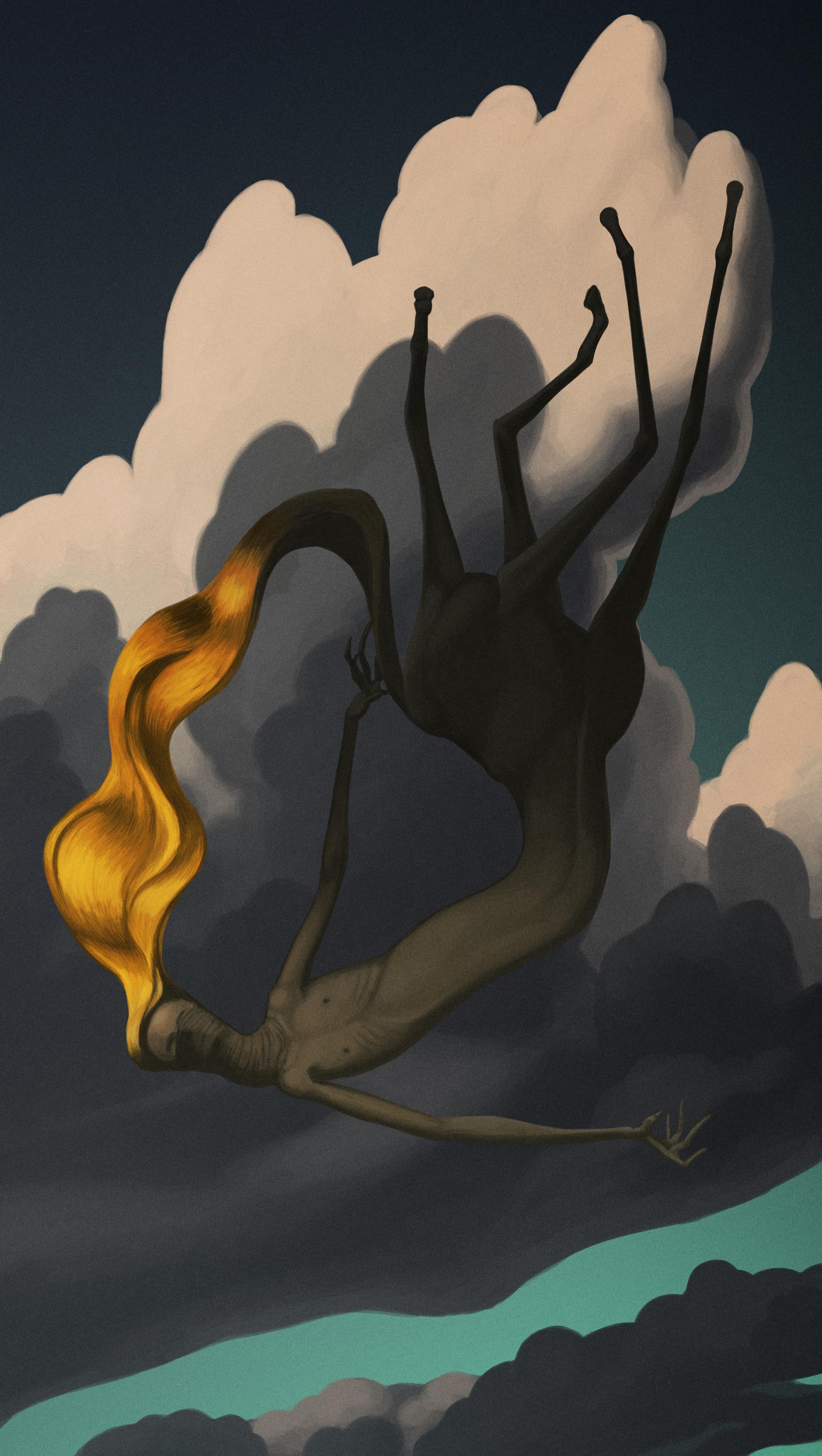 A striking and evocative image showing a figure in a state of freefall against a backdrop of billowing white clouds and a dark blue sky. The figure is silhouetted and appears almost featureless, with a flowing mane of bright, fiery orange hair that stands in stark contrast to its shadowy form. The figure's limbs are splayed out in a dramatic display, with the hands and fingers elongated, accentuating the feeling of motion and descent. The overall composition evokes a sense of dynamic movement and the interplay between light and dark, with the clouds below reflecting the sky's gradient from a soft teal to a deep navy.